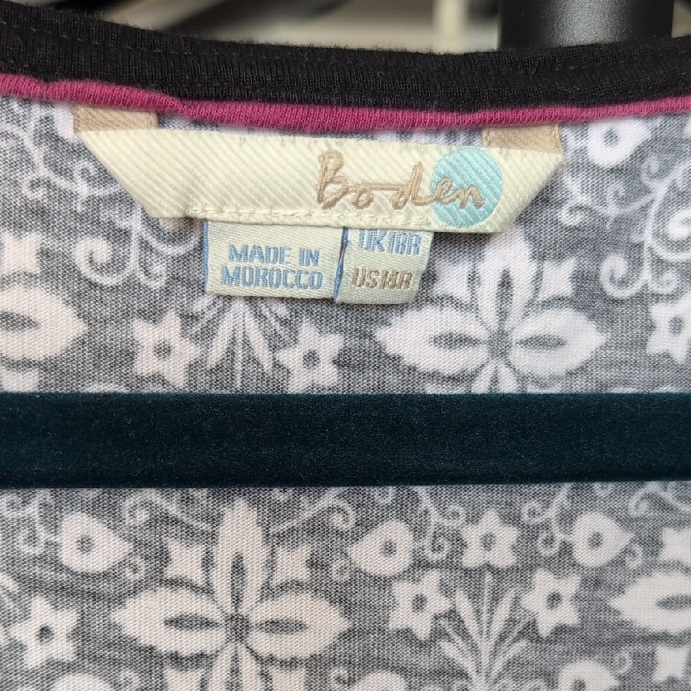Boden Margo  Black and White Floral Top with Pink Trim